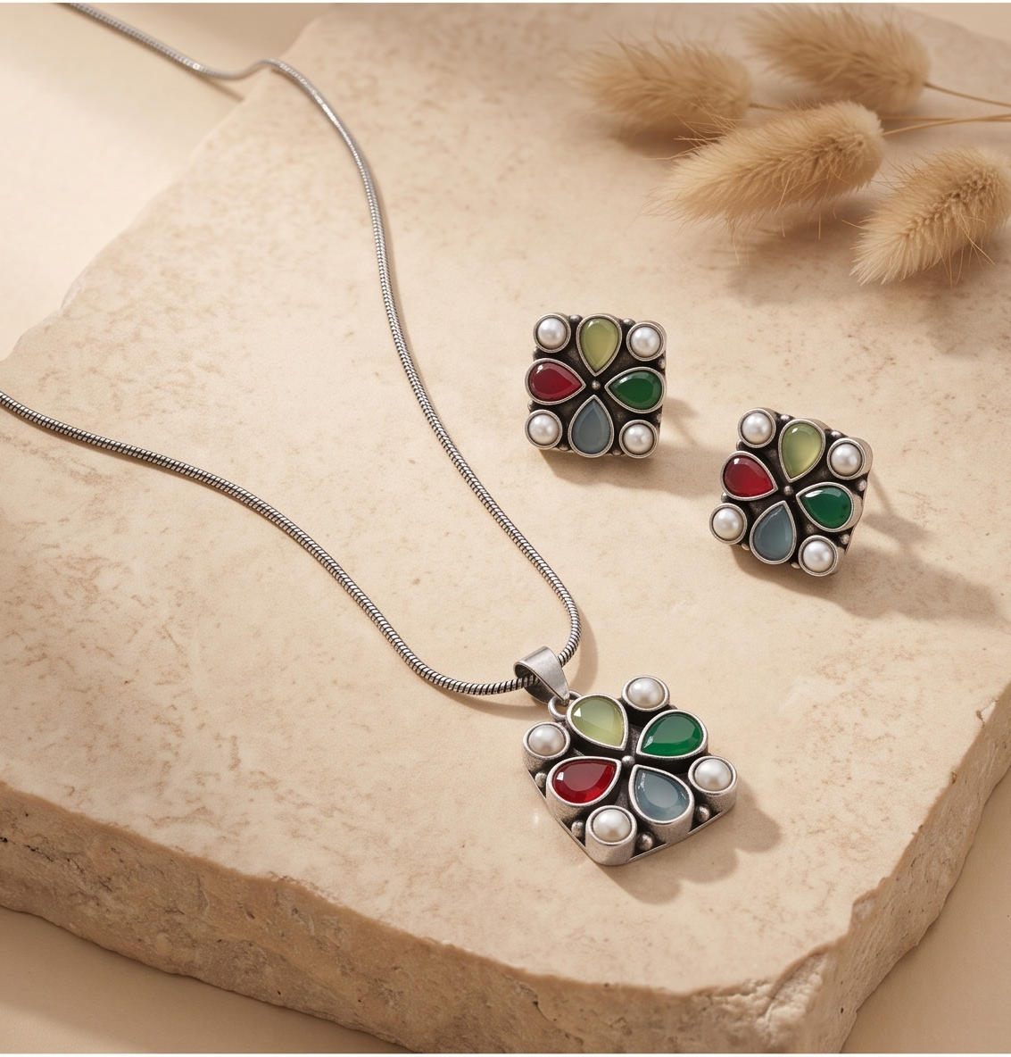 Choturongo (চতুরঙ্গ) | Silver Replica Multi-Stone Floral Mosaic Pendant & Stud Set