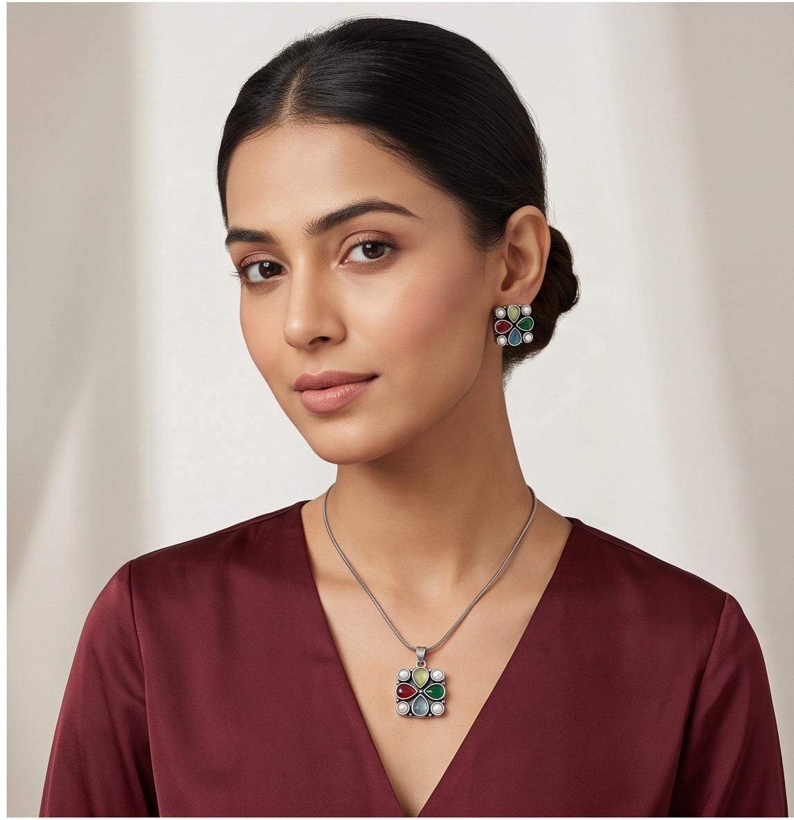 Choturongo (চতুরঙ্গ) | Silver Replica Multi-Stone Floral Mosaic Pendant & Stud Set