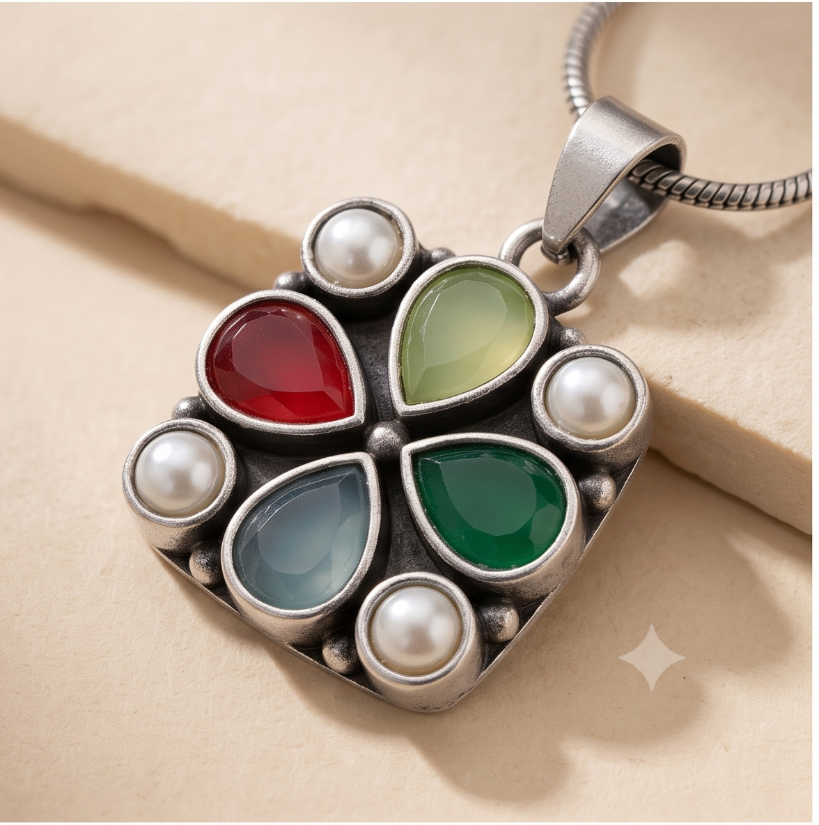 Choturongo (চতুরঙ্গ) | Silver Replica Multi-Stone Floral Mosaic Pendant & Stud Set