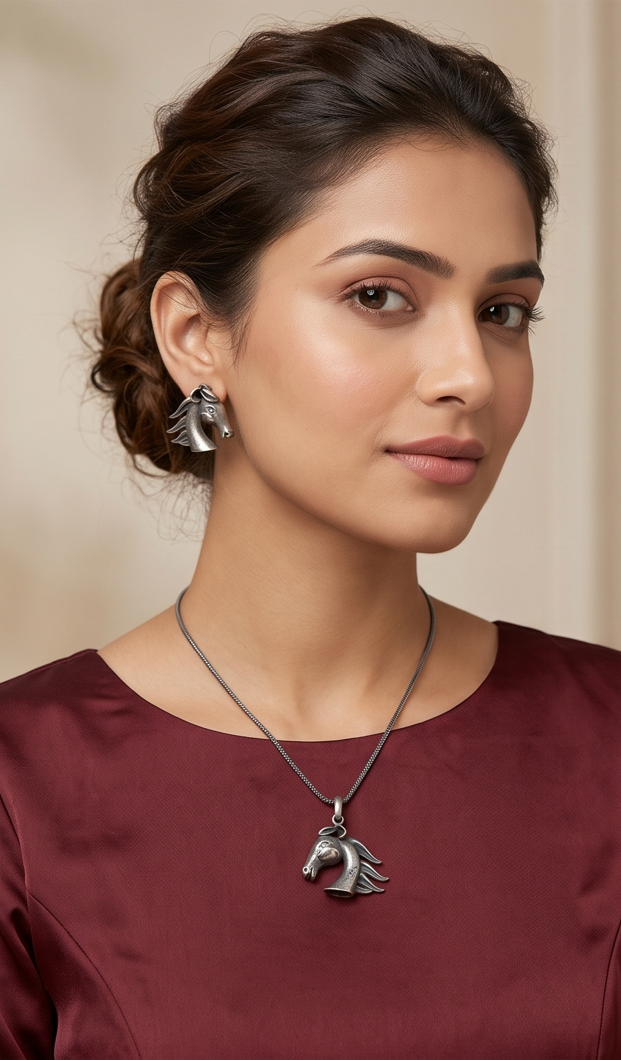 Pakkhiraj (পক্ষীরাজ) | Silver Replica Sculpted Horse Head Pendant & Stud Set