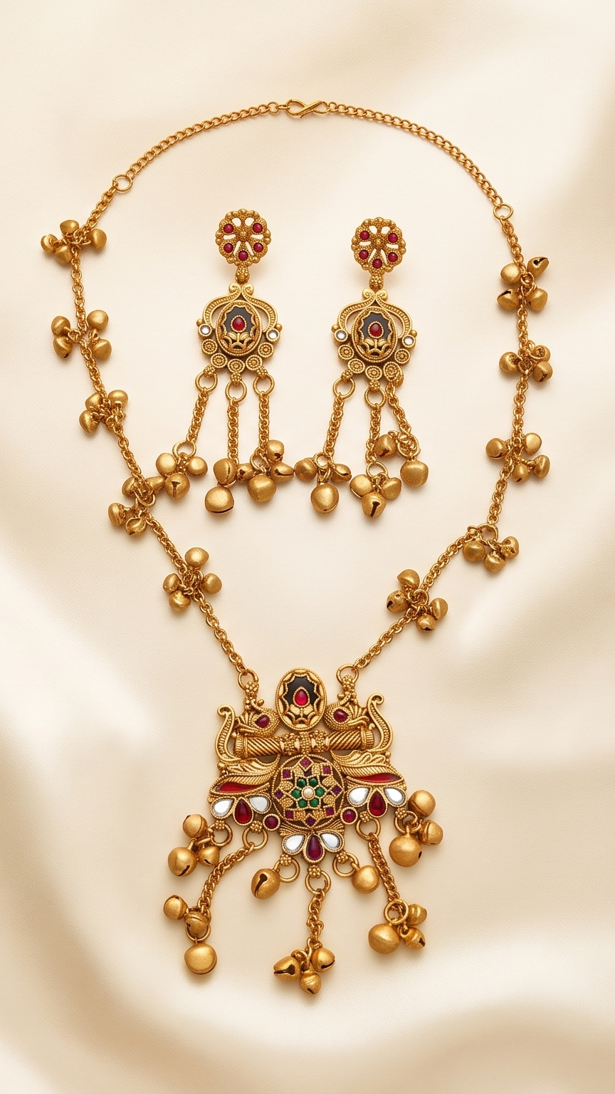 Debalika | Antique Gold Temple Kemp Stone & Cascading Ghungroo Necklace Set