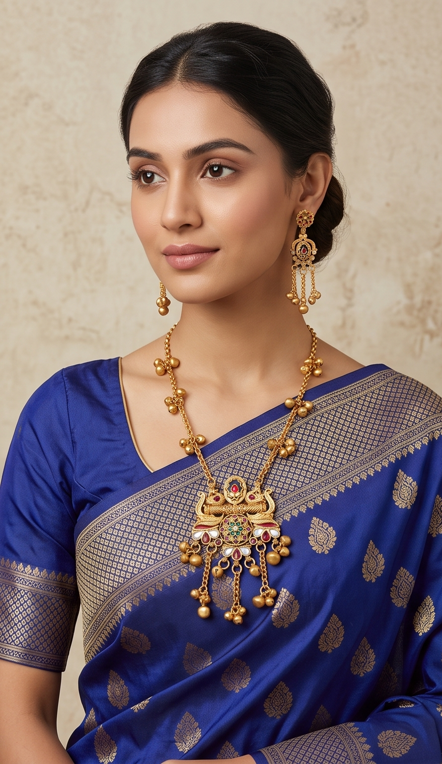 Debalika | Antique Gold Temple Kemp Stone & Cascading Ghungroo Necklace Set