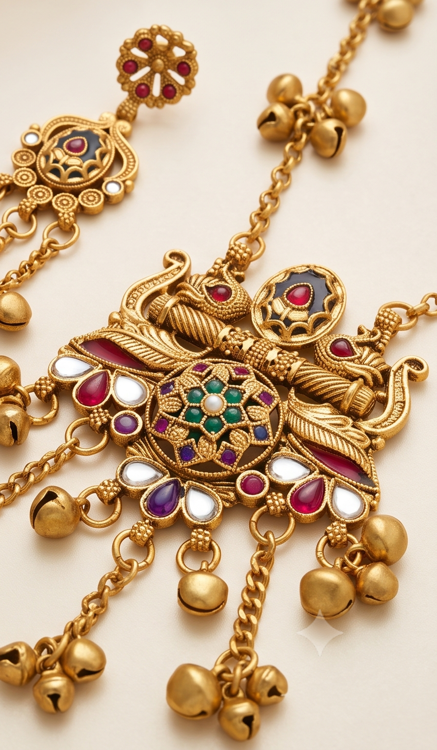 Debalika | Antique Gold Temple Kemp Stone & Cascading Ghungroo Necklace Set