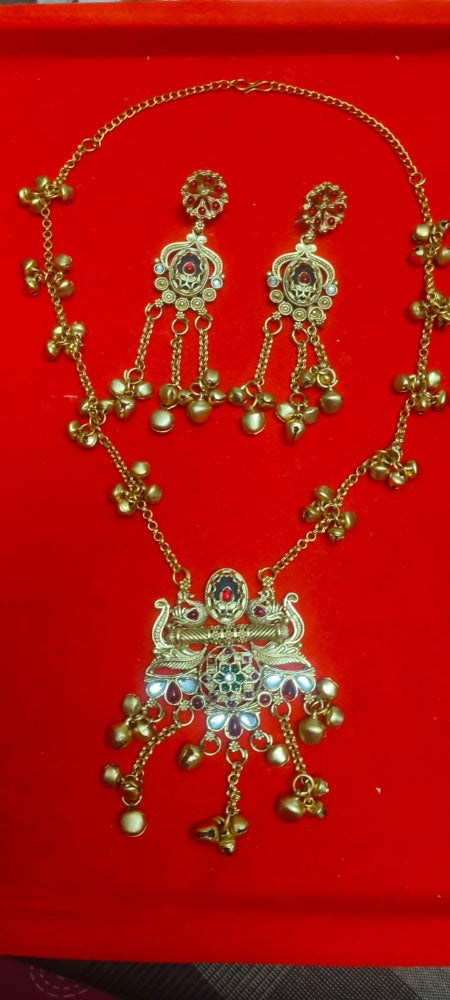 Debalika | Antique Gold Temple Kemp Stone & Cascading Ghungroo Necklace Set