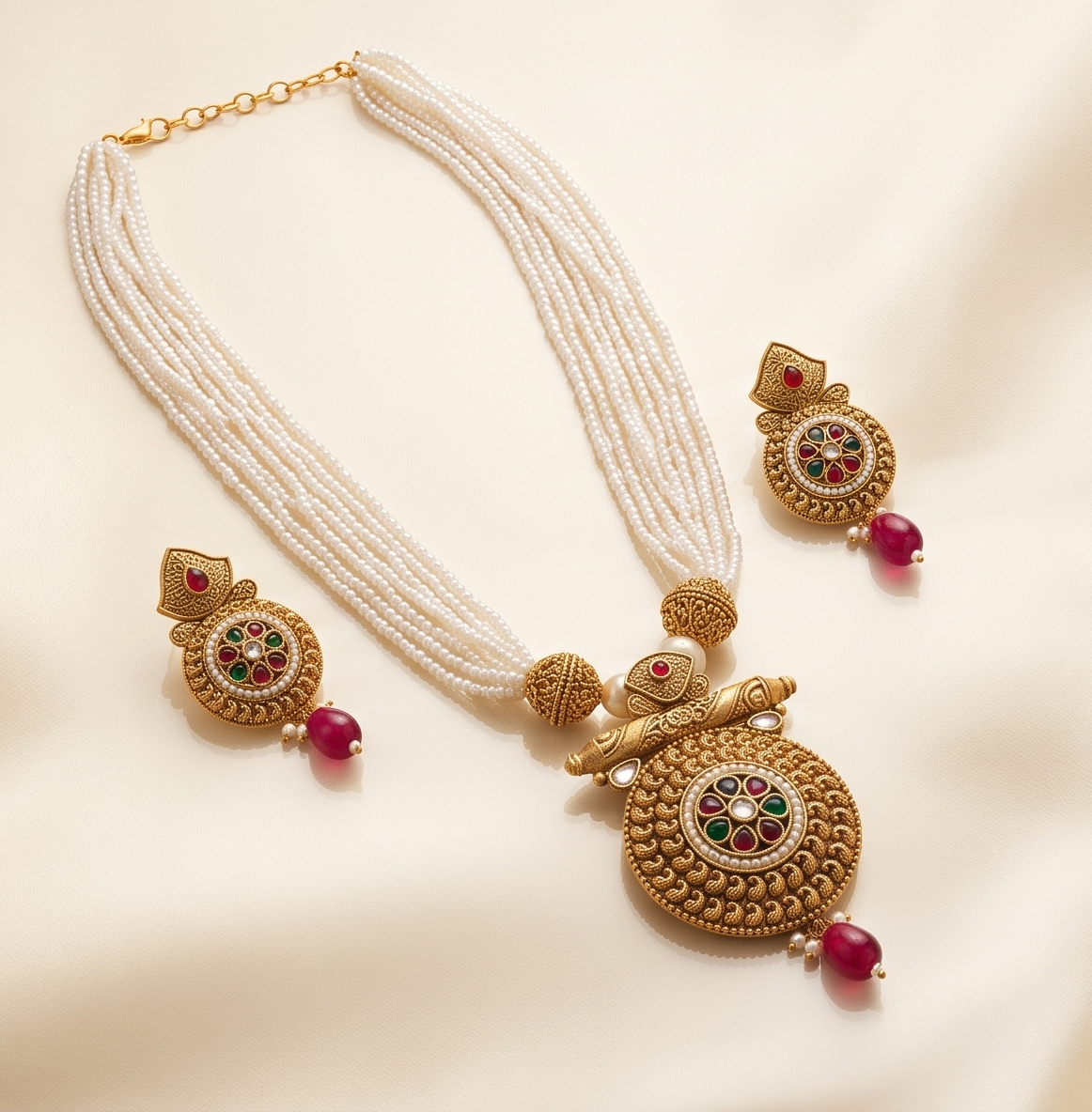 Muktamalini | Antique Gold Multi-Strand Pearl Mala & Kemp Sunburst Medallion Set