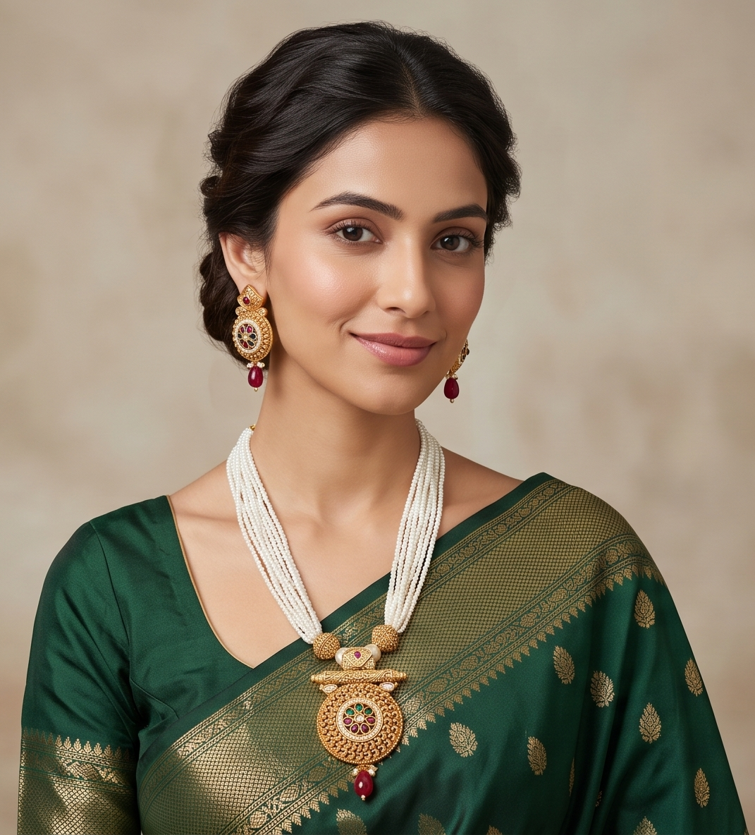 Muktamalini | Antique Gold Multi-Strand Pearl Mala & Kemp Sunburst Medallion Set