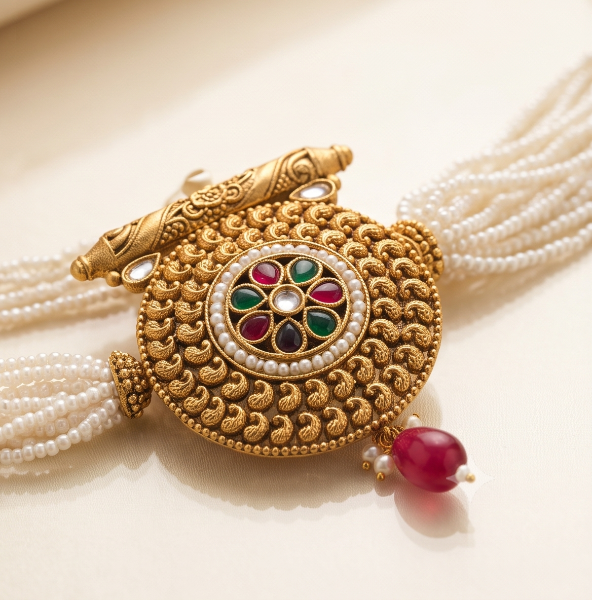 Muktamalini | Antique Gold Multi-Strand Pearl Mala & Kemp Sunburst Medallion Set