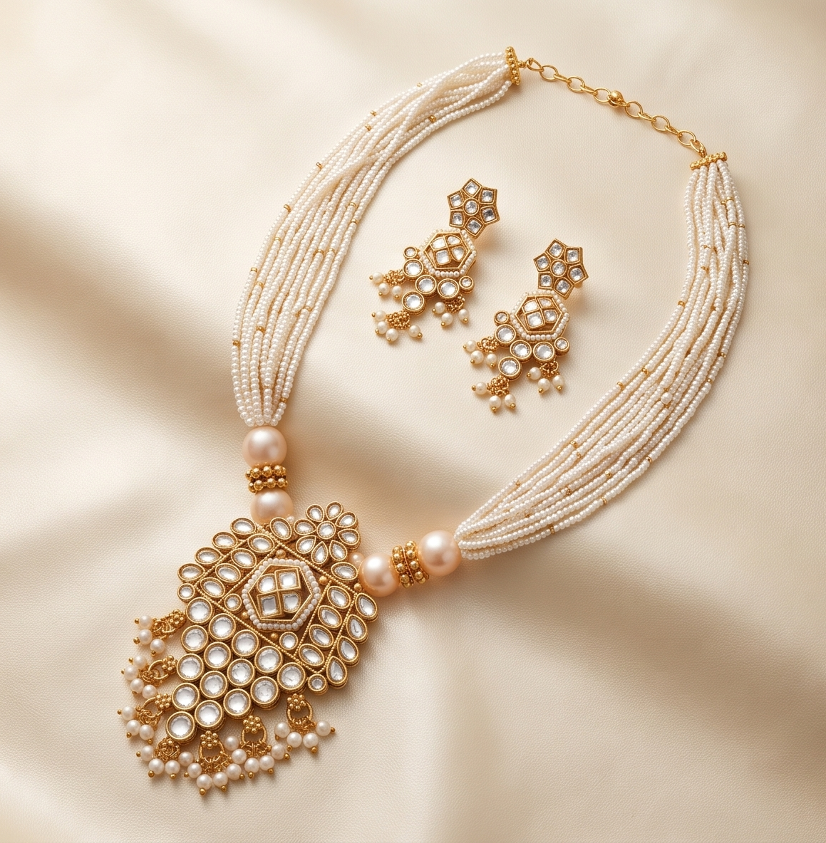 Muktadhara | Antique Gold Multi-Strand Seed Pearl Mala & Kundan Shield Pendant Set