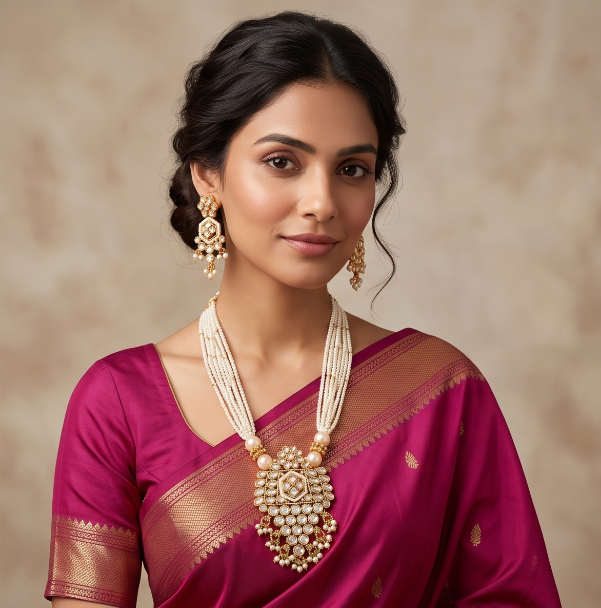 Muktadhara | Antique Gold Multi-Strand Seed Pearl Mala & Kundan Shield Pendant Set
