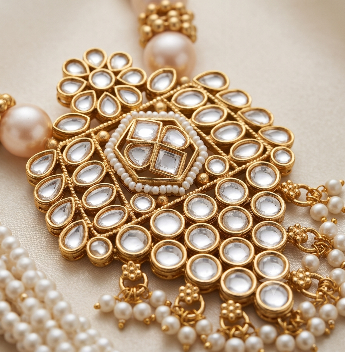 Muktadhara | Antique Gold Multi-Strand Seed Pearl Mala & Kundan Shield Pendant Set