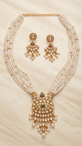 Muktamanjari | Antique Gold Multi-Strand Seed Pearl Mala & Kundan Chandelier Pendant Set