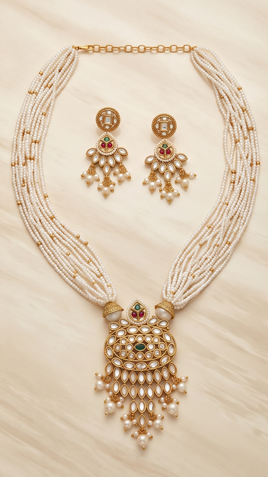 Muktamanjari | Antique Gold Multi-Strand Seed Pearl Mala & Kundan Chandelier Pendant Set