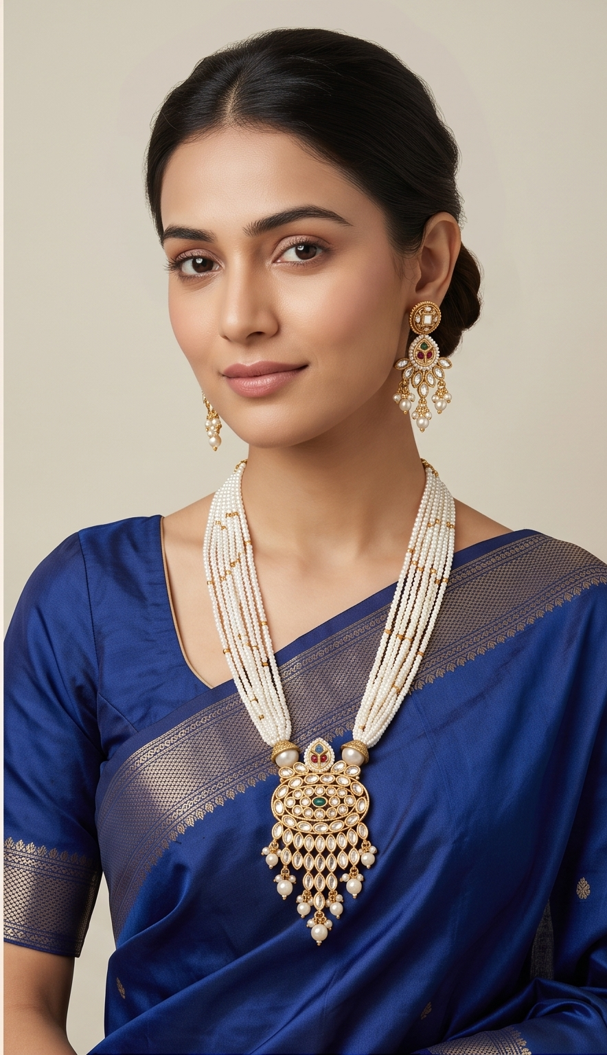 Muktamanjari | Antique Gold Multi-Strand Seed Pearl Mala & Kundan Chandelier Pendant Set