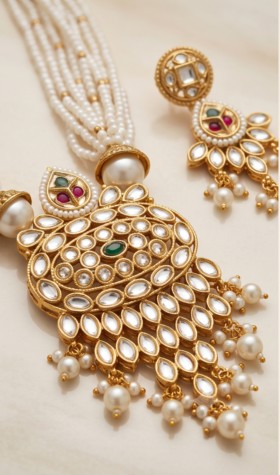 Muktamanjari | Antique Gold Multi-Strand Seed Pearl Mala & Kundan Chandelier Pendant Set