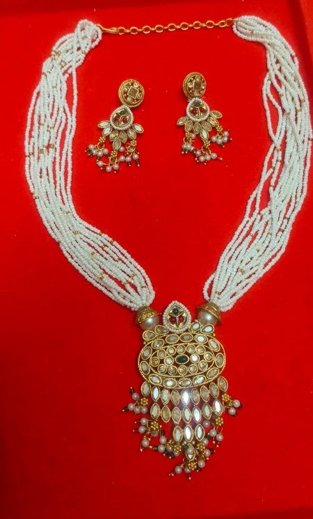 Muktamanjari | Antique Gold Multi-Strand Seed Pearl Mala & Kundan Chandelier Pendant Set